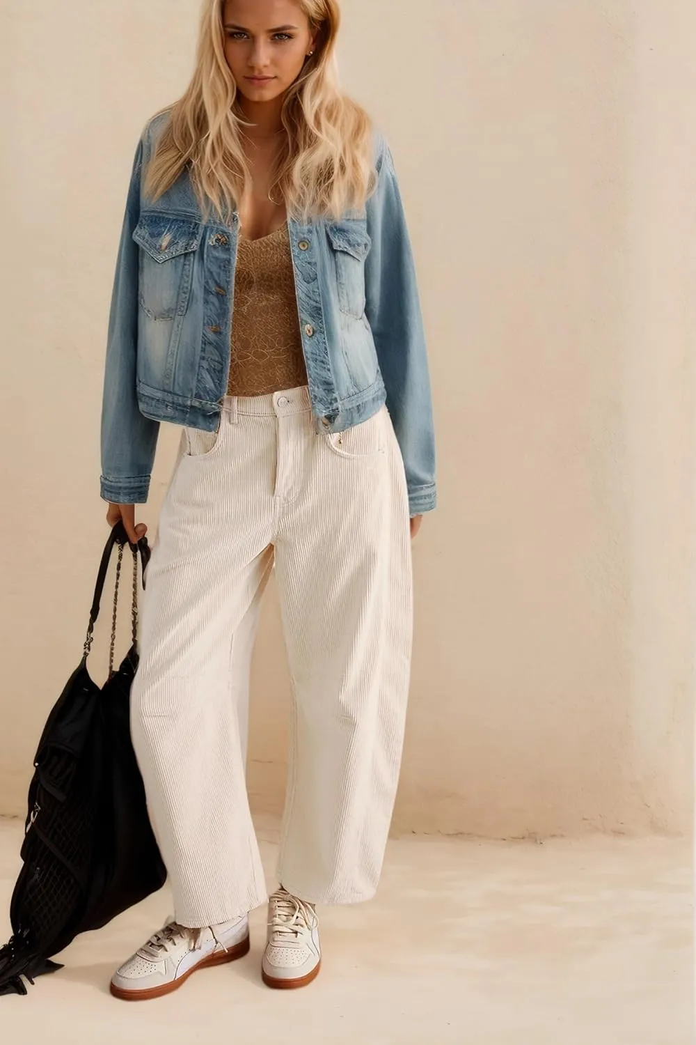 LifeShe Corduroy Pants Women Loose Mid Rise Barrel Pants Elastic Wide Leg Baggy Trouser with Pockets