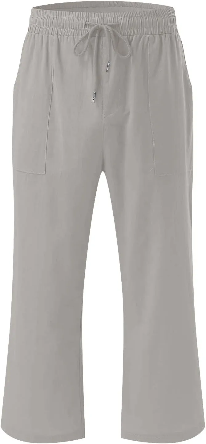 Linen Capri Pants for Women Casual 2025 Summer Drawstring Elastic High Waist Capris Wide Leg Cropped Trousers