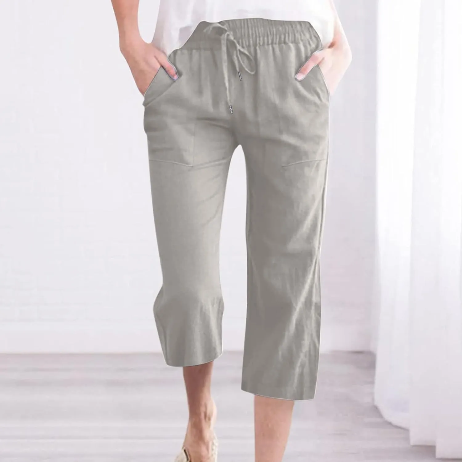 Linen Capri Pants for Women Casual 2025 Summer Drawstring Elastic High Waist Capris Wide Leg Cropped Trousers