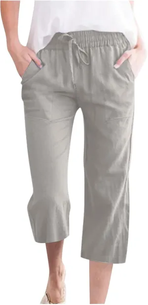 Linen Capri Pants for Women Casual 2025 Summer Drawstring Elastic High Waist Capris Wide Leg Cropped Trousers