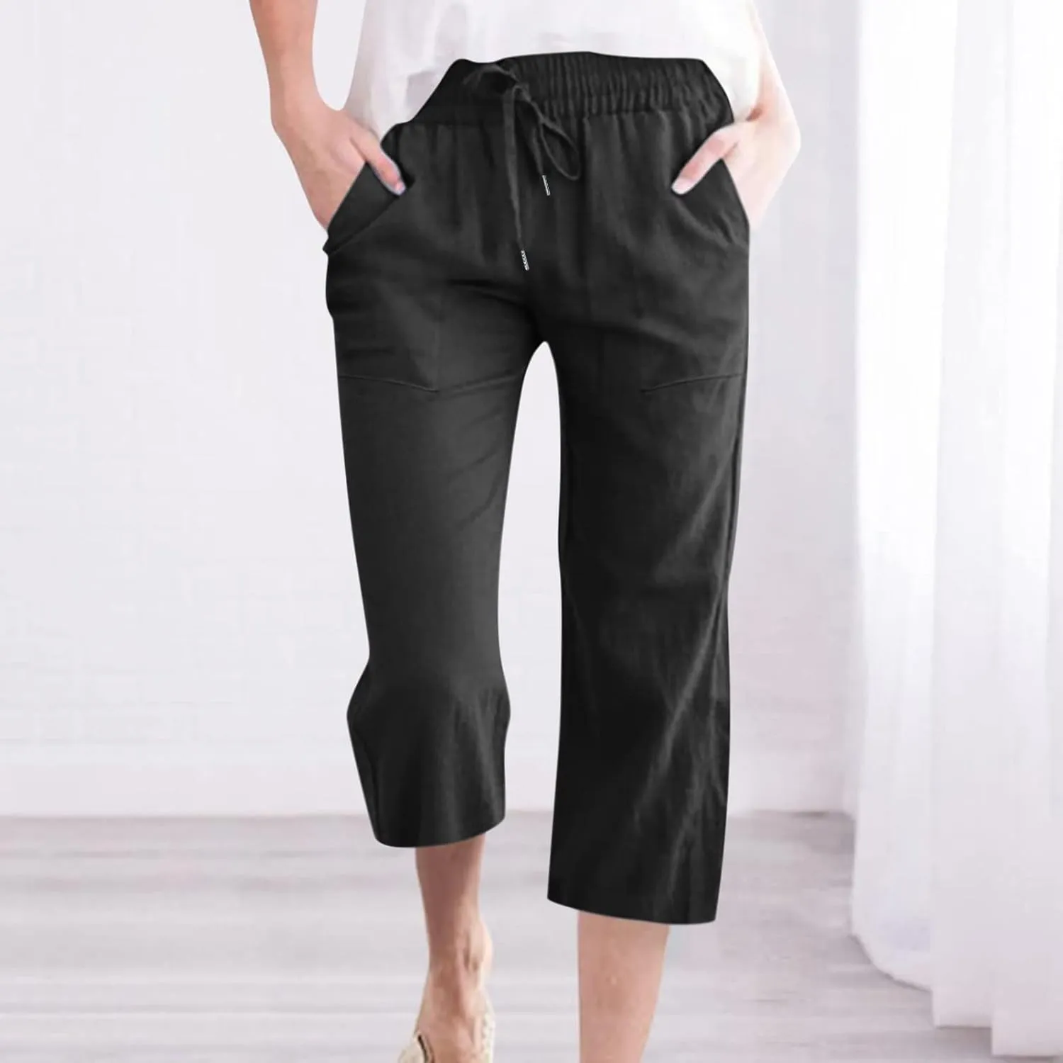 Linen Capri Pants for Women Casual 2025 Summer Drawstring Elastic High Waist Capris Wide Leg Cropped Trousers