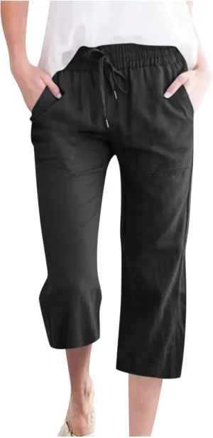 Linen Capri Pants for Women Casual 2025 Summer Drawstring Elastic High Waist Capris Wide Leg Cropped Trousers