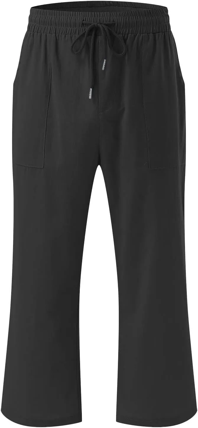 Linen Capri Pants for Women Casual 2025 Summer Drawstring Elastic High Waist Capris Wide Leg Cropped Trousers