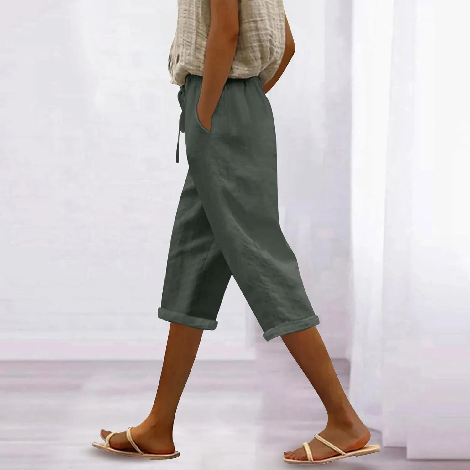 Linen Capris for Women 2025 Fashion Solid Color Pants Slim Casual Long Pants Linen Lounge Beach Summer Capri