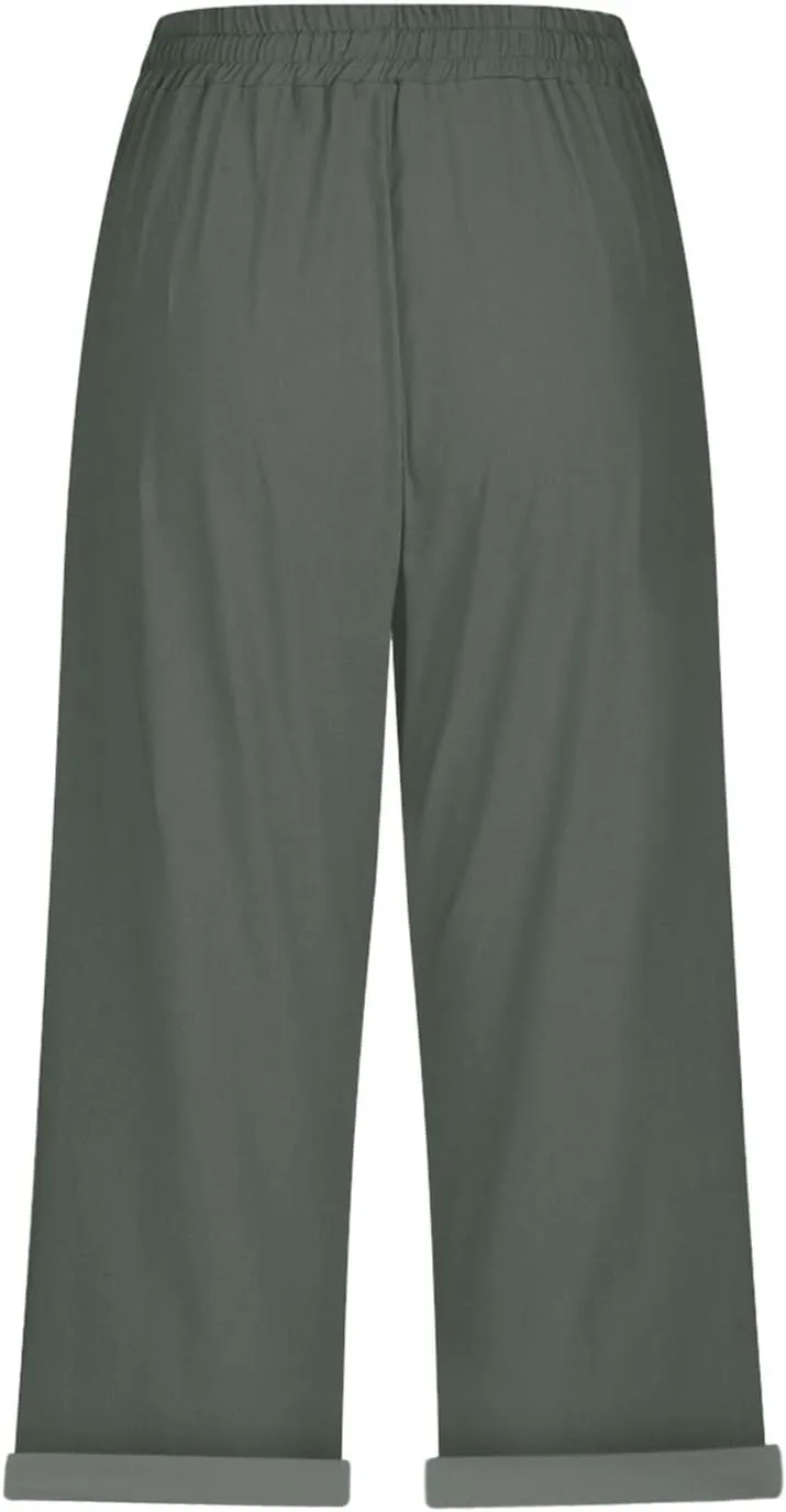Linen Capris for Women 2025 Fashion Solid Color Pants Slim Casual Long Pants Linen Lounge Beach Summer Capri
