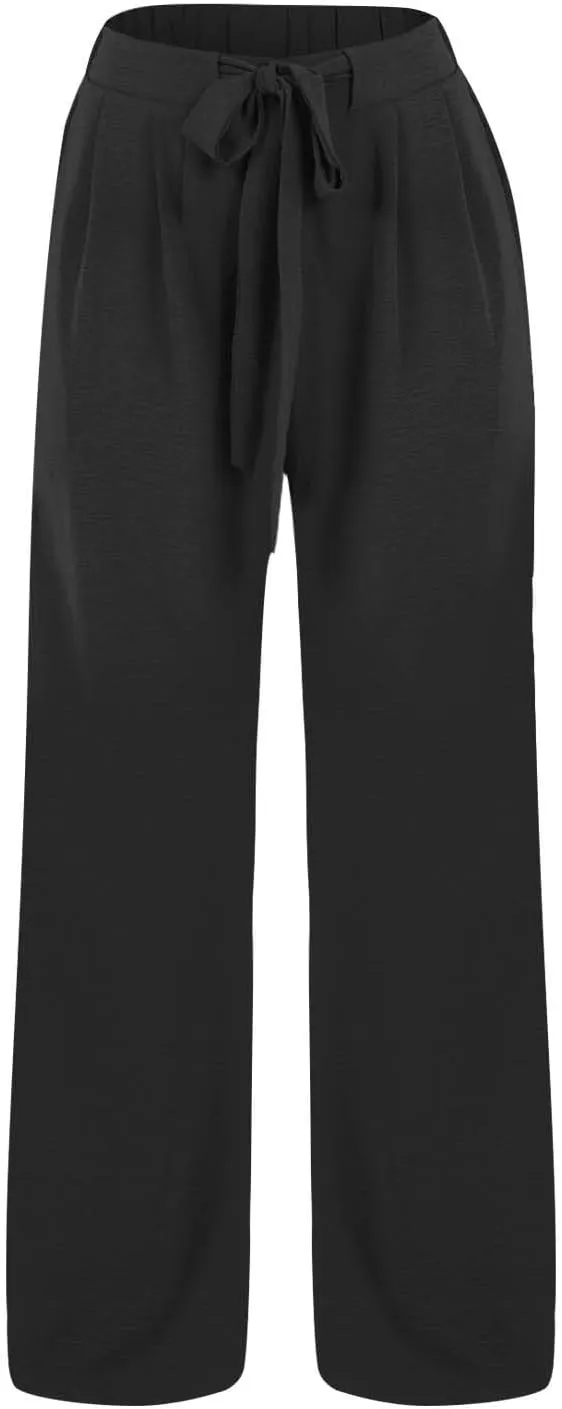 Linen Palazzo Pants for Women Flowy Wide Leg High Waist Drawstring Elastic Trousers with Pockets Lounge Baggy Pant