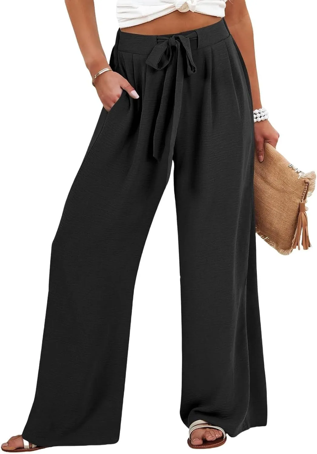 Linen Palazzo Pants for Women Flowy Wide Leg High Waist Drawstring Elastic Trousers with Pockets Lounge Baggy Pant
