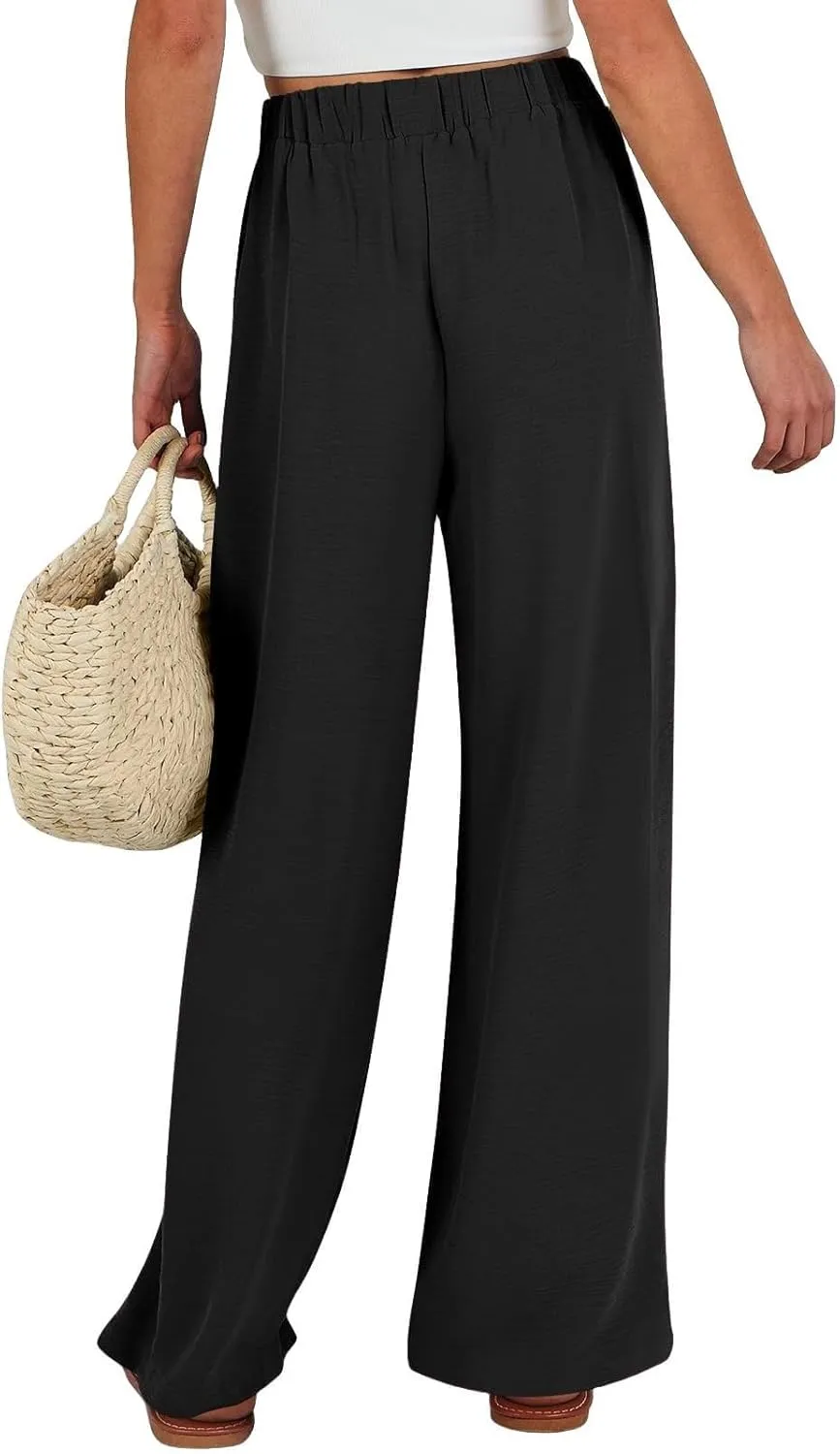 Linen Palazzo Pants for Women Flowy Wide Leg High Waist Drawstring Elastic Trousers with Pockets Lounge Baggy Pant