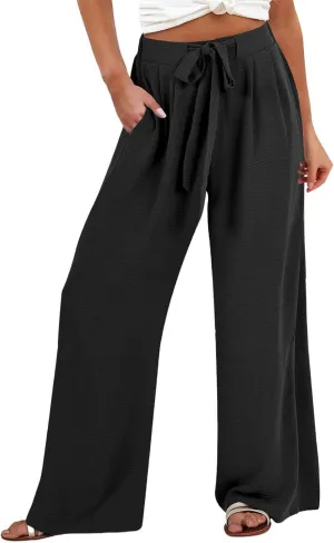 Linen Palazzo Pants for Women Flowy Wide Leg High Waist Drawstring Elastic Trousers with Pockets Lounge Baggy Pant