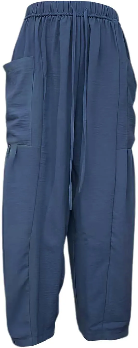 Linen Pants for Women Loose Pants Comfy Cropped Work Pants with Pockets Elastic High Waist Paper Bag with Side