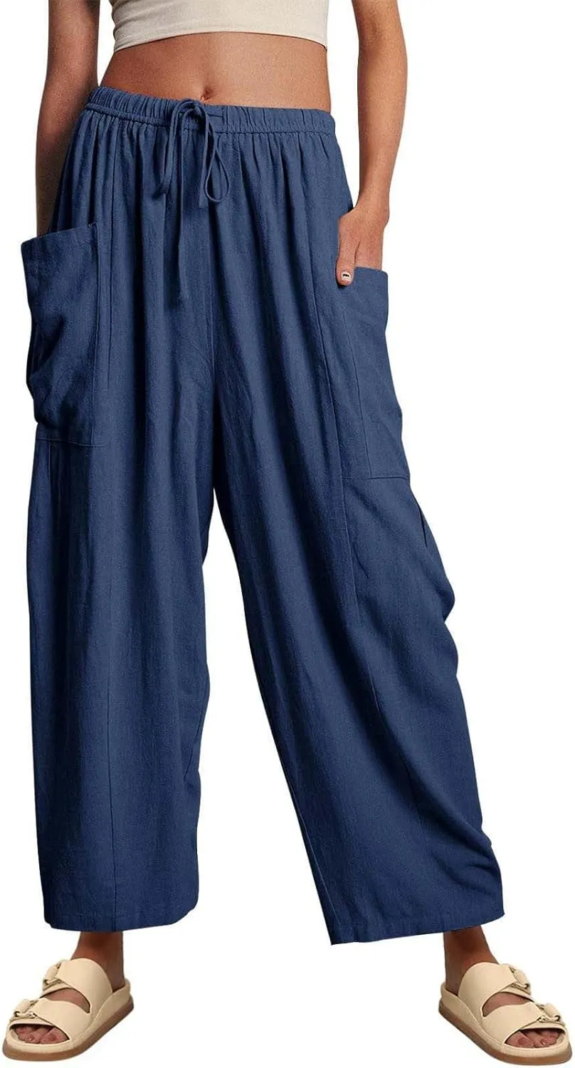 Linen Pants for Women Loose Pants Comfy Cropped Work Pants with Pockets Elastic High Waist Paper Bag with Side
