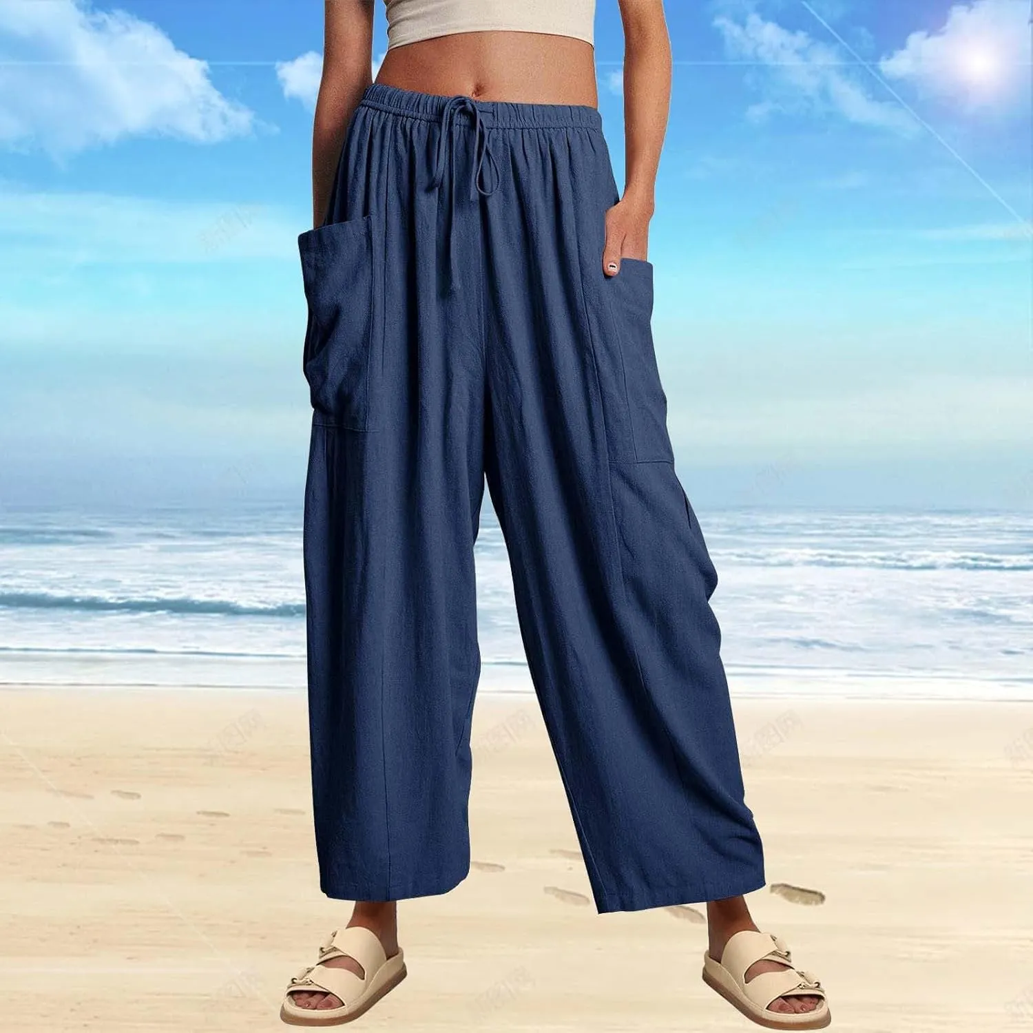 Linen Pants for Women Loose Pants Comfy Cropped Work Pants with Pockets Elastic High Waist Paper Bag with Side