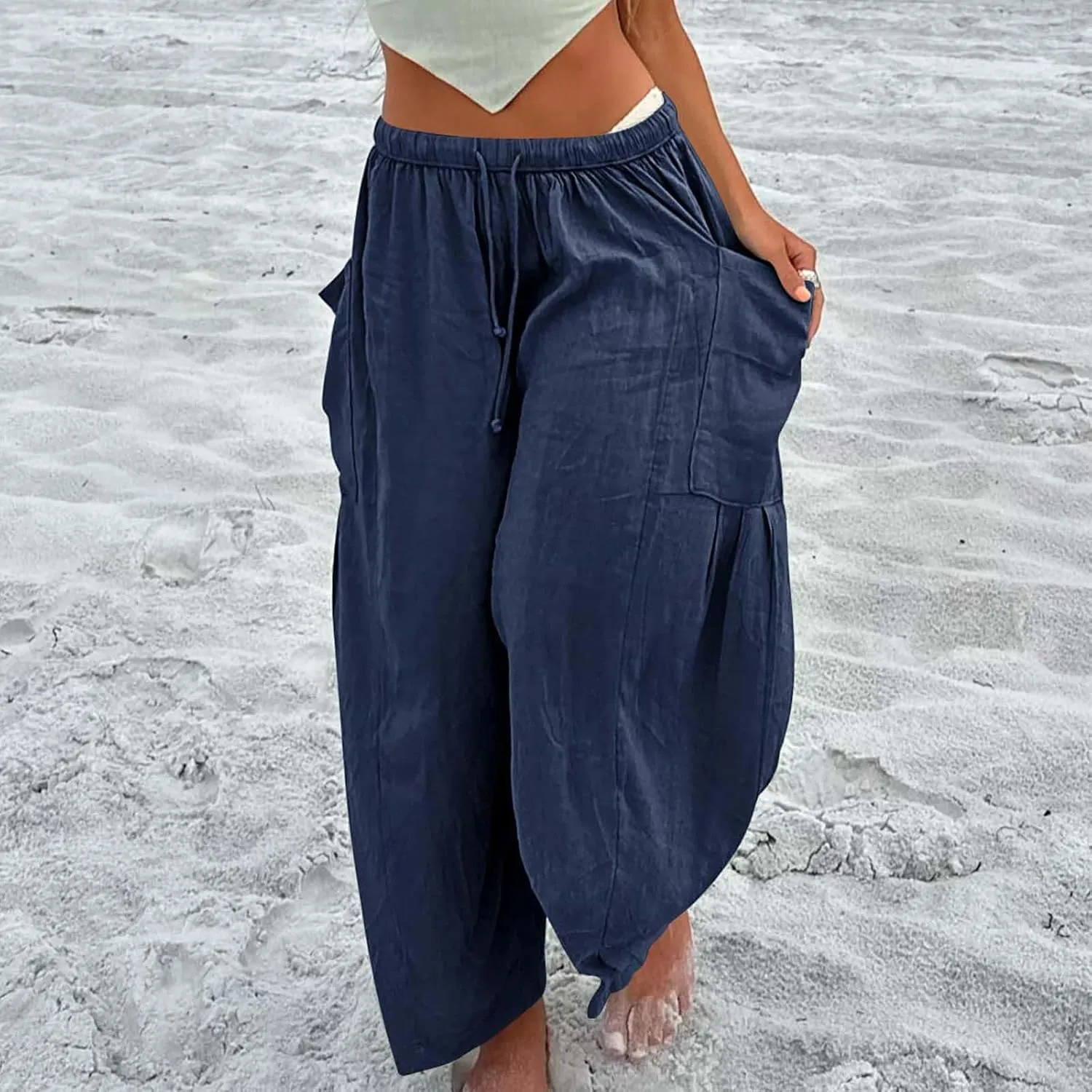 Linen Pants for Women Loose Pants Comfy Cropped Work Pants with Pockets Elastic High Waist Paper Bag with Side