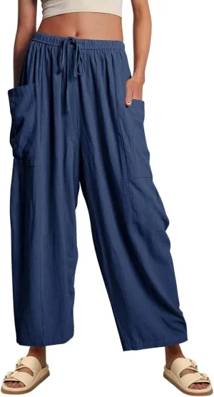 Linen Pants for Women Loose Pants Comfy Cropped Work Pants with Pockets Elastic High Waist Paper Bag with Side