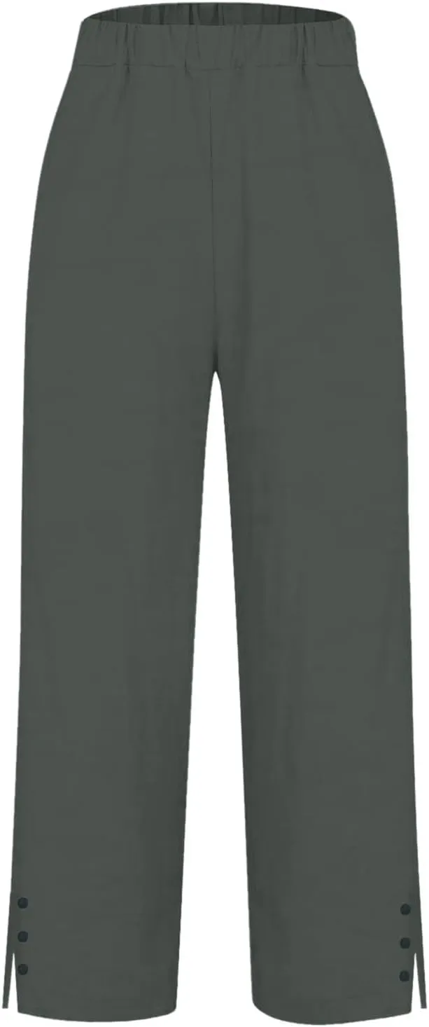 Linen Pants for Women Summer High Waist Straight Leg Lounge Cropped Slacks Soft Side Slits Ankle Trouser with Pocket
