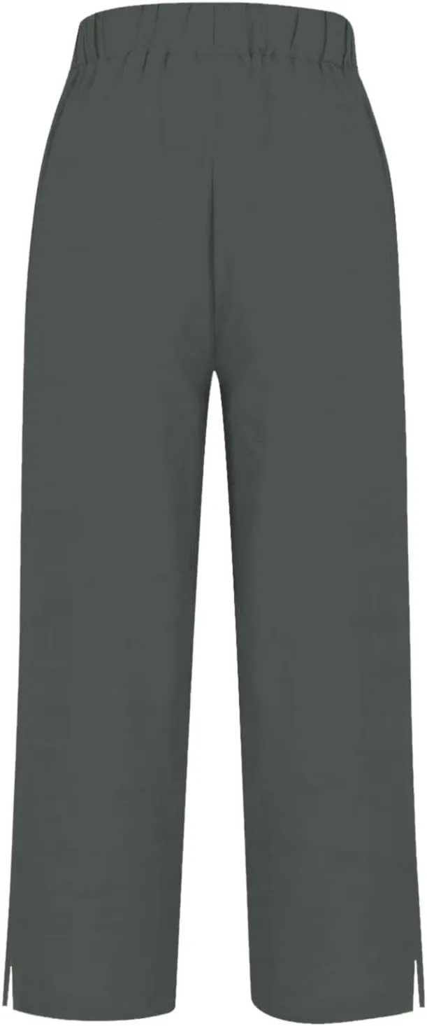 Linen Pants for Women Summer High Waist Straight Leg Lounge Cropped Slacks Soft Side Slits Ankle Trouser with Pocket