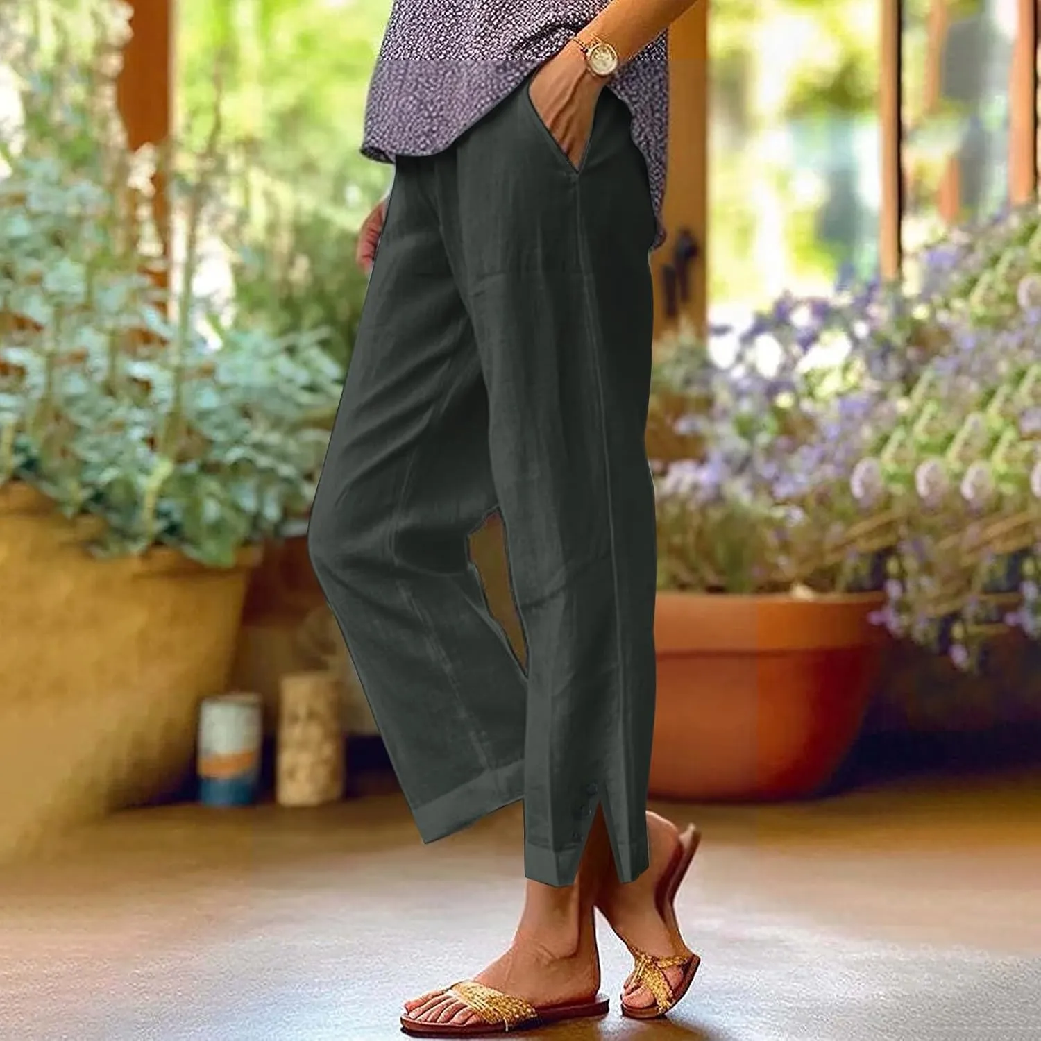 Linen Pants for Women Summer High Waist Straight Leg Lounge Cropped Slacks Soft Side Slits Ankle Trouser with Pocket