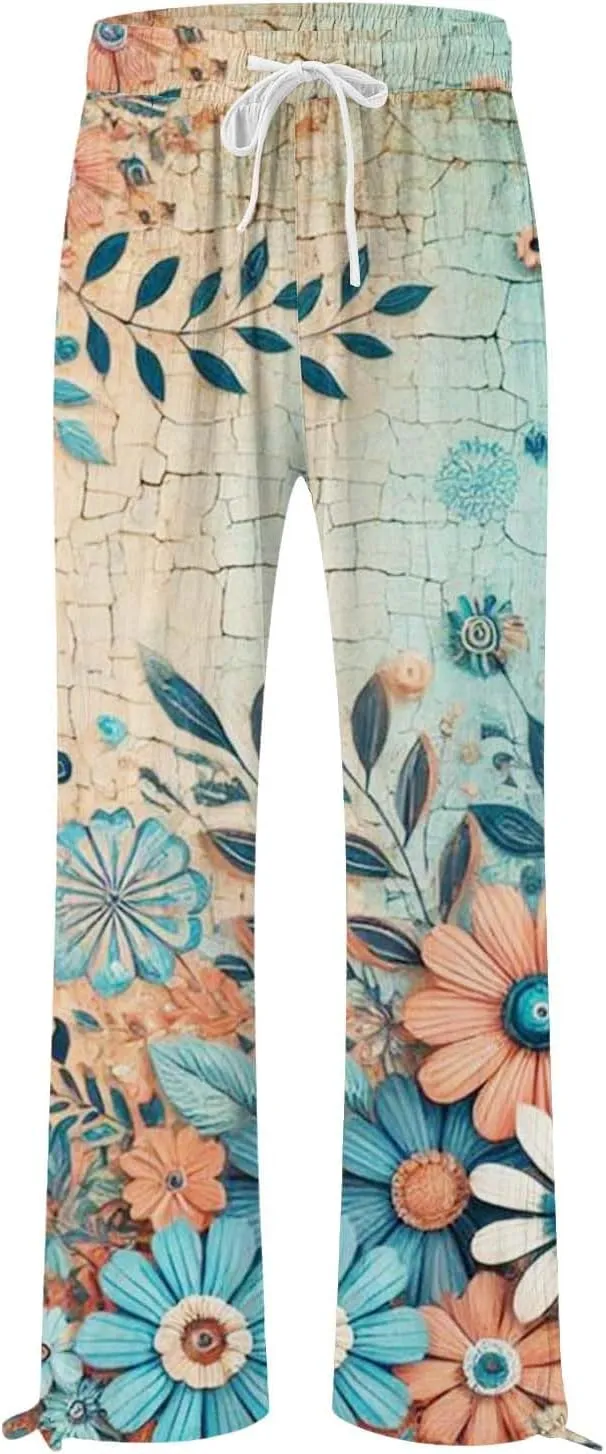 Linen Pants for Women Summer Wide Leg Retro Printed Drawstring Casual Palazzo Pants Beach Yoga Clothes with Pockets