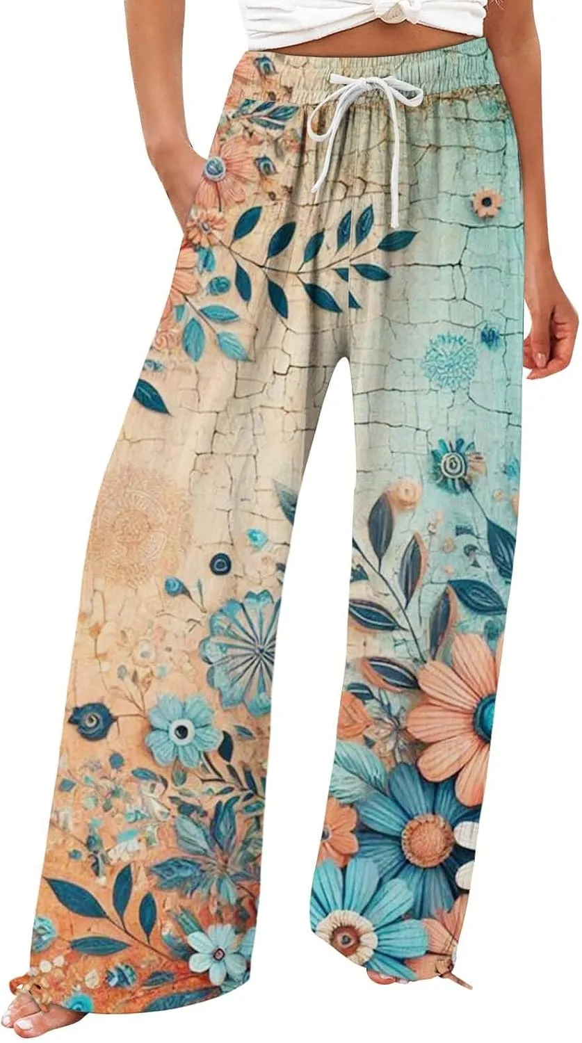Linen Pants for Women Summer Wide Leg Retro Printed Drawstring Casual Palazzo Pants Beach Yoga Clothes with Pockets