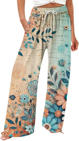Linen Pants for Women Summer Wide Leg Retro Printed Drawstring Casual Palazzo Pants Beach Yoga Clothes with Pockets