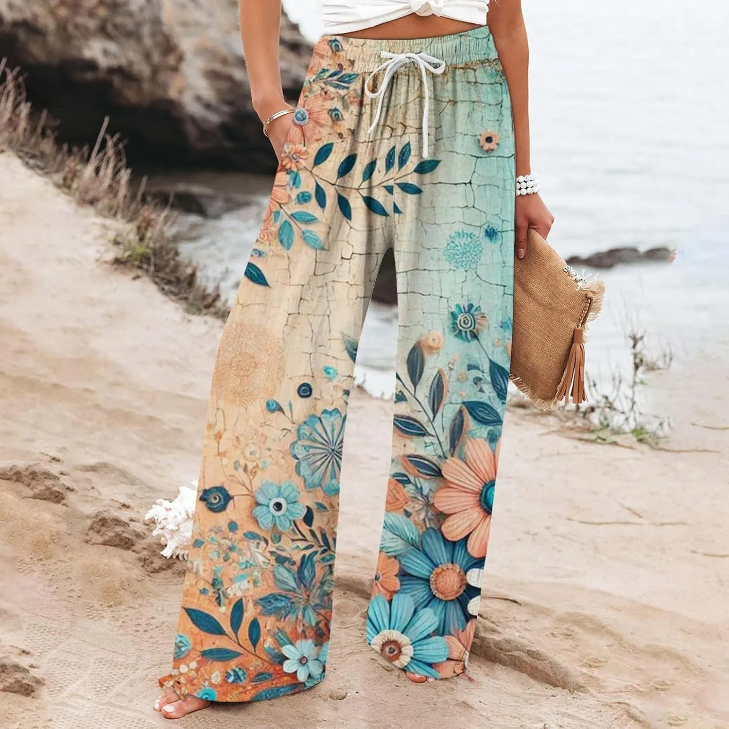 Linen Pants for Women Summer Wide Leg Retro Printed Drawstring Casual Palazzo Pants Beach Yoga Clothes with Pockets