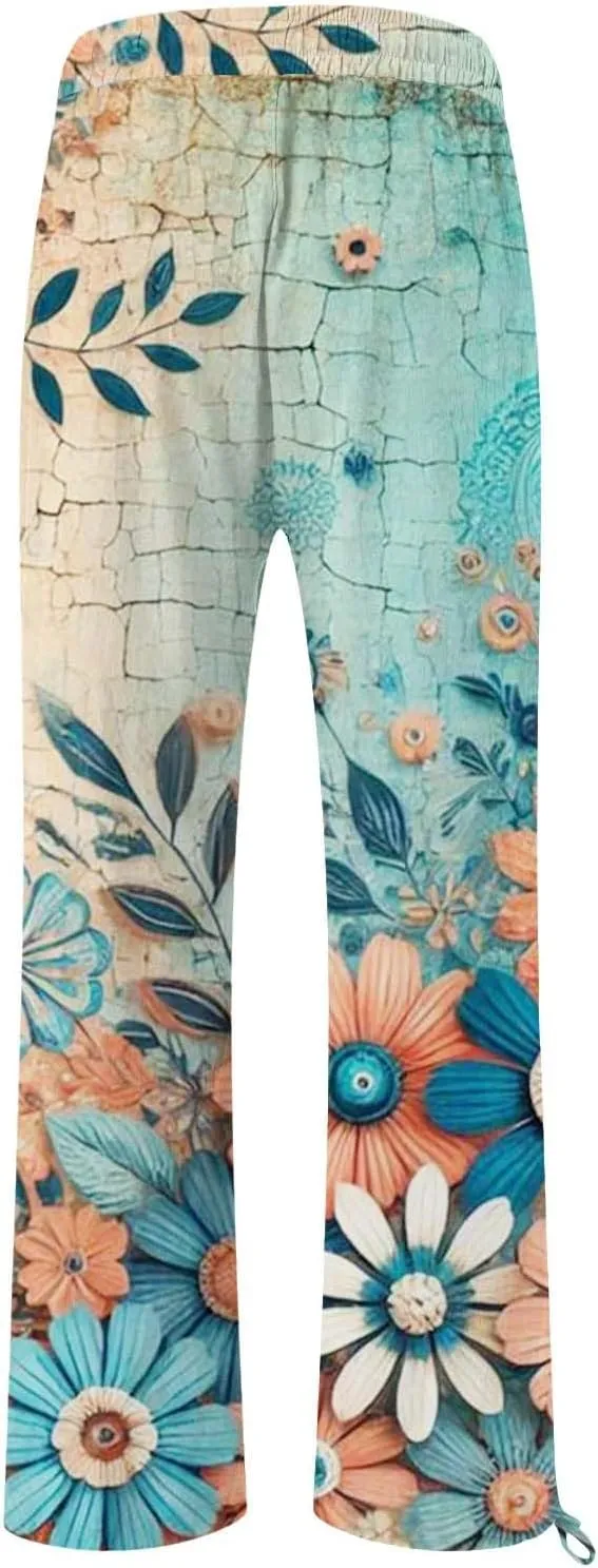 Linen Pants for Women Summer Wide Leg Retro Printed Drawstring Casual Palazzo Pants Beach Yoga Clothes with Pockets