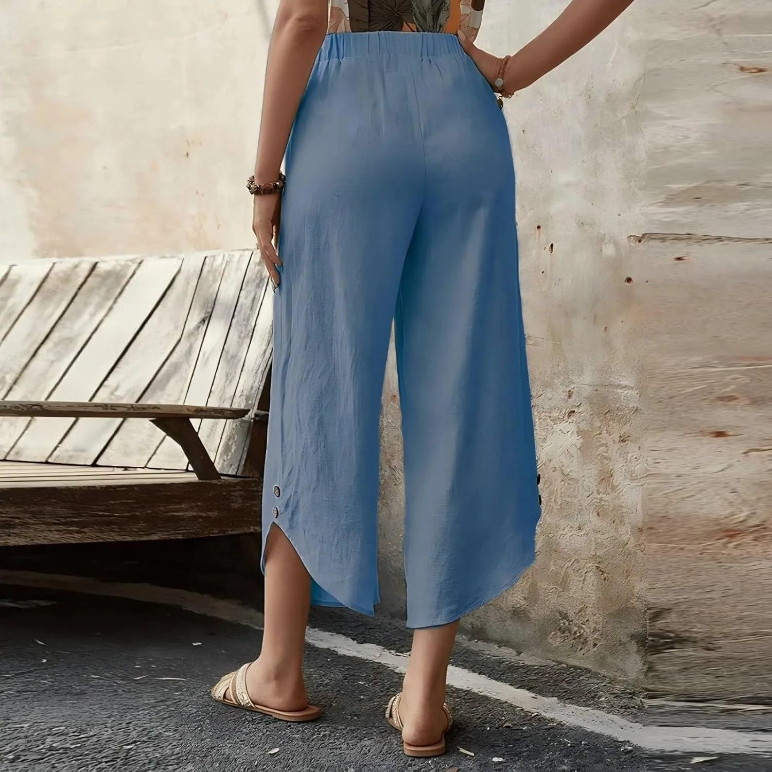Linen Pants for Women Wide Leg Pants Summer Palazzo Flowy Beach Pants Elastic Waist Drawstring Trousers with Pockets