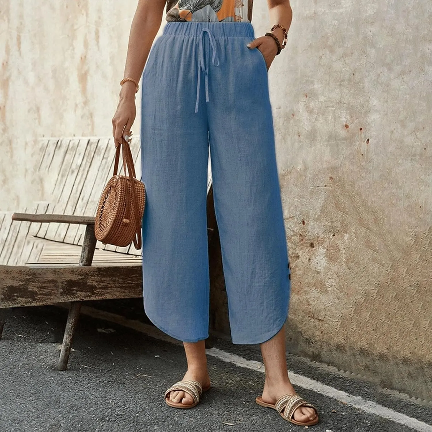 Linen Pants for Women Wide Leg Pants Summer Palazzo Flowy Beach Pants Elastic Waist Drawstring Trousers with Pockets