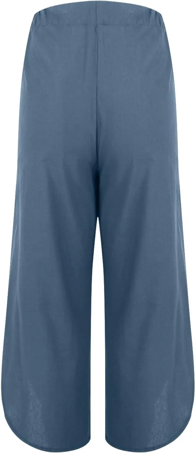 Linen Pants for Women Wide Leg Pants Summer Palazzo Flowy Beach Pants Elastic Waist Drawstring Trousers with Pockets