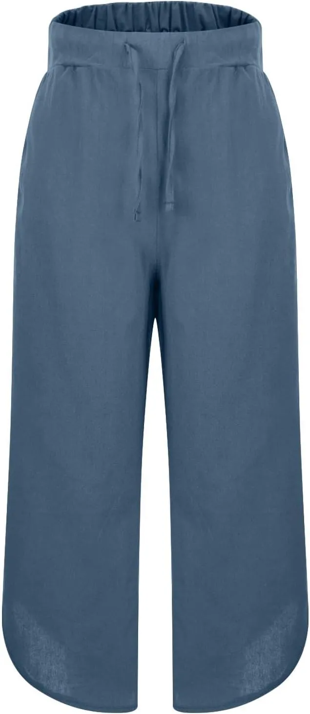 Linen Pants for Women Wide Leg Pants Summer Palazzo Flowy Beach Pants Elastic Waist Drawstring Trousers with Pockets