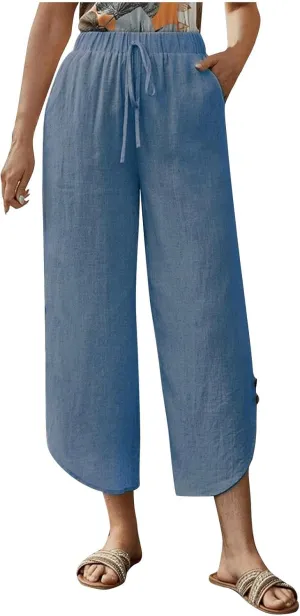Linen Pants for Women Wide Leg Pants Summer Palazzo Flowy Beach Pants Elastic Waist Drawstring Trousers with Pockets