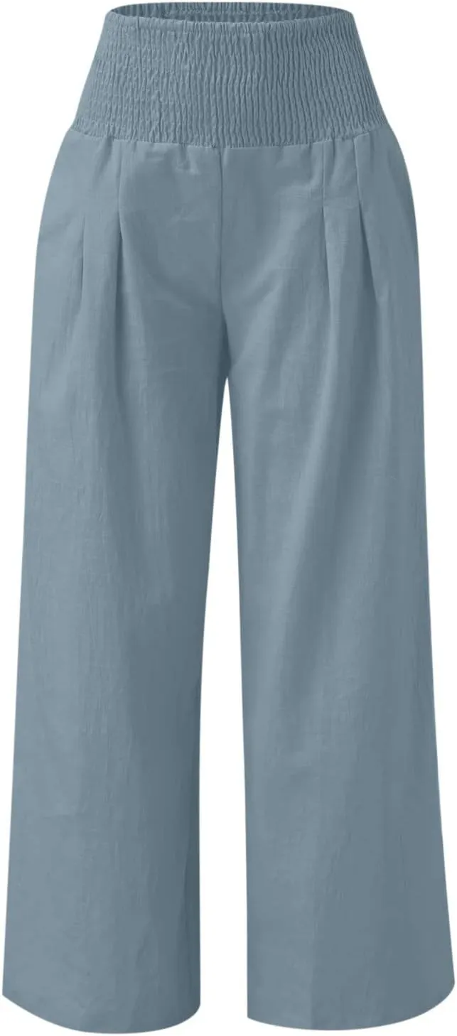 Linen Pants Women 2024 Summer Comfy Elastic High Waist Wide Leg Trousers Drawstring Hem Palazzo Pants with Pockets