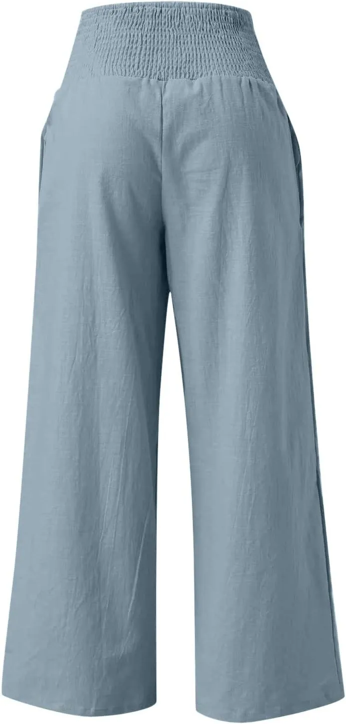 Linen Pants Women 2024 Summer Comfy Elastic High Waist Wide Leg Trousers Drawstring Hem Palazzo Pants with Pockets