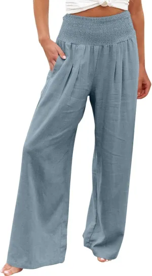 Linen Pants Women 2024 Summer Comfy Elastic High Waist Wide Leg Trousers Drawstring Hem Palazzo Pants with Pockets