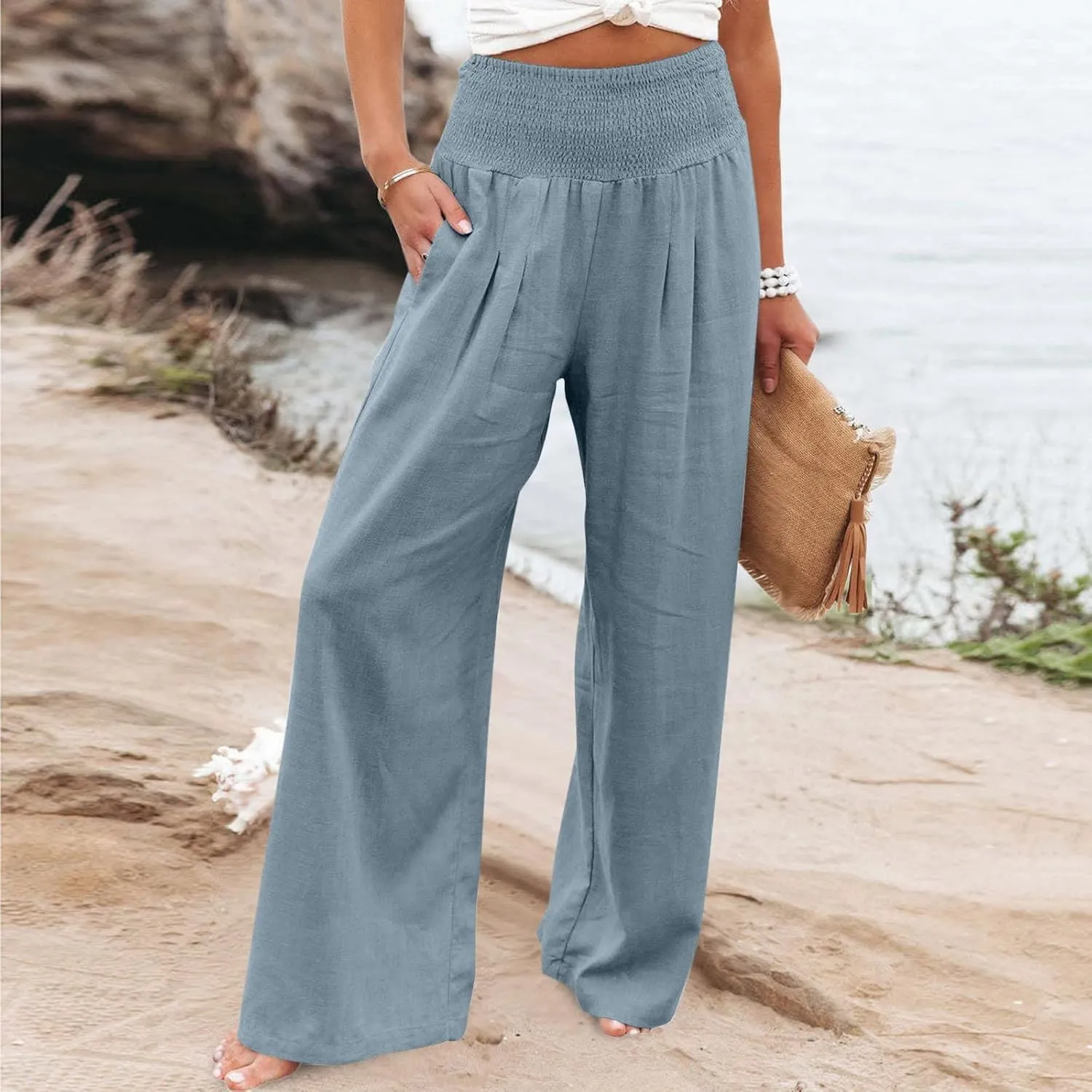 Linen Pants Women 2024 Summer Comfy Elastic High Waist Wide Leg Trousers Drawstring Hem Palazzo Pants with Pockets
