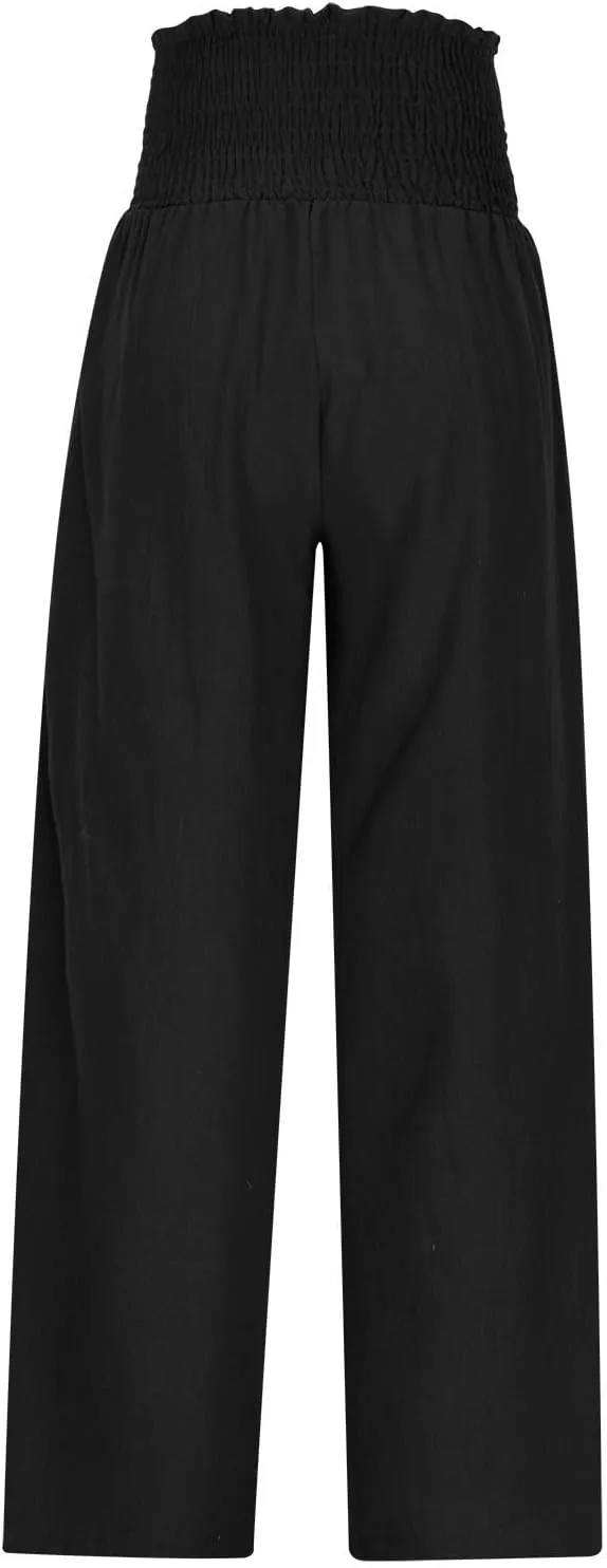 Linen Pants Women Drawstring Waist Wide Leg Linen Pants High Waist Summer Casual Pants Pockets Vacation Beach Trousers