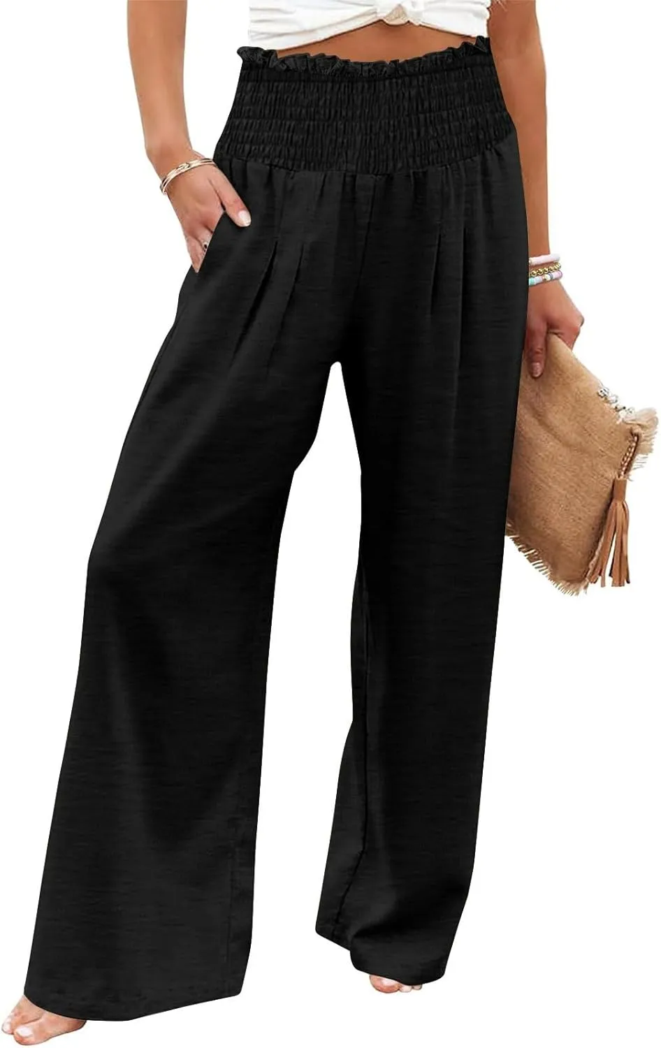 Linen Pants Women Drawstring Waist Wide Leg Linen Pants High Waist Summer Casual Pants Pockets Vacation Beach Trousers