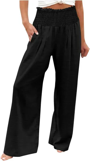 Linen Pants Women Drawstring Waist Wide Leg Linen Pants High Waist Summer Casual Pants Pockets Vacation Beach Trousers