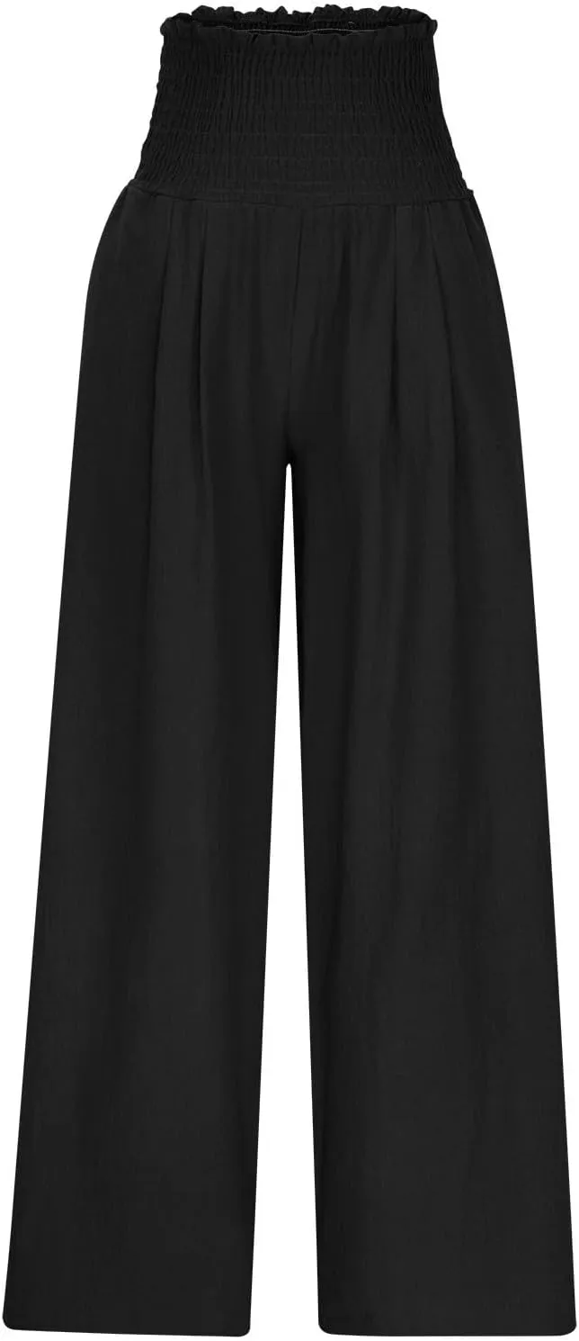 Linen Pants Women Drawstring Waist Wide Leg Linen Pants High Waist Summer Casual Pants Pockets Vacation Beach Trousers