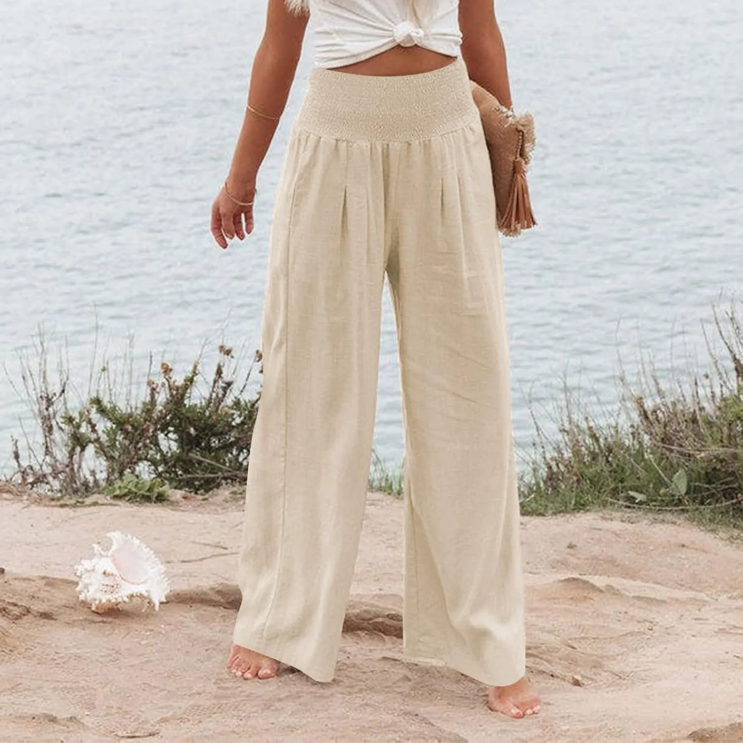 Linen Pants Women Lounge High Waist Wide Leg Elastic Drawstring Pants Women with Pockets Comfy Work Trousers