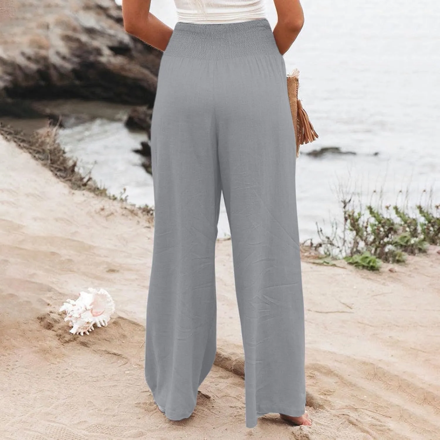 Linen Pants Women Lounge High Waist Wide Leg Elastic Drawstring Pants Women with Pockets Comfy Work Trousers