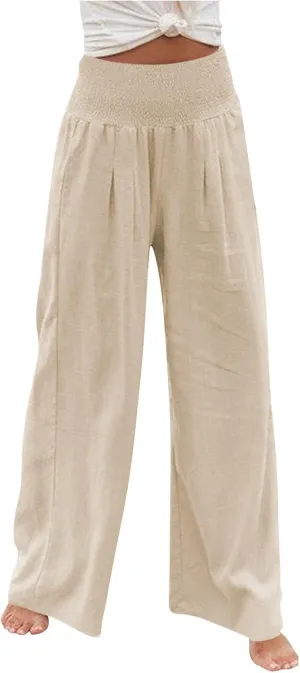 Linen Pants Women Lounge High Waist Wide Leg Elastic Drawstring Pants Women with Pockets Comfy Work Trousers
