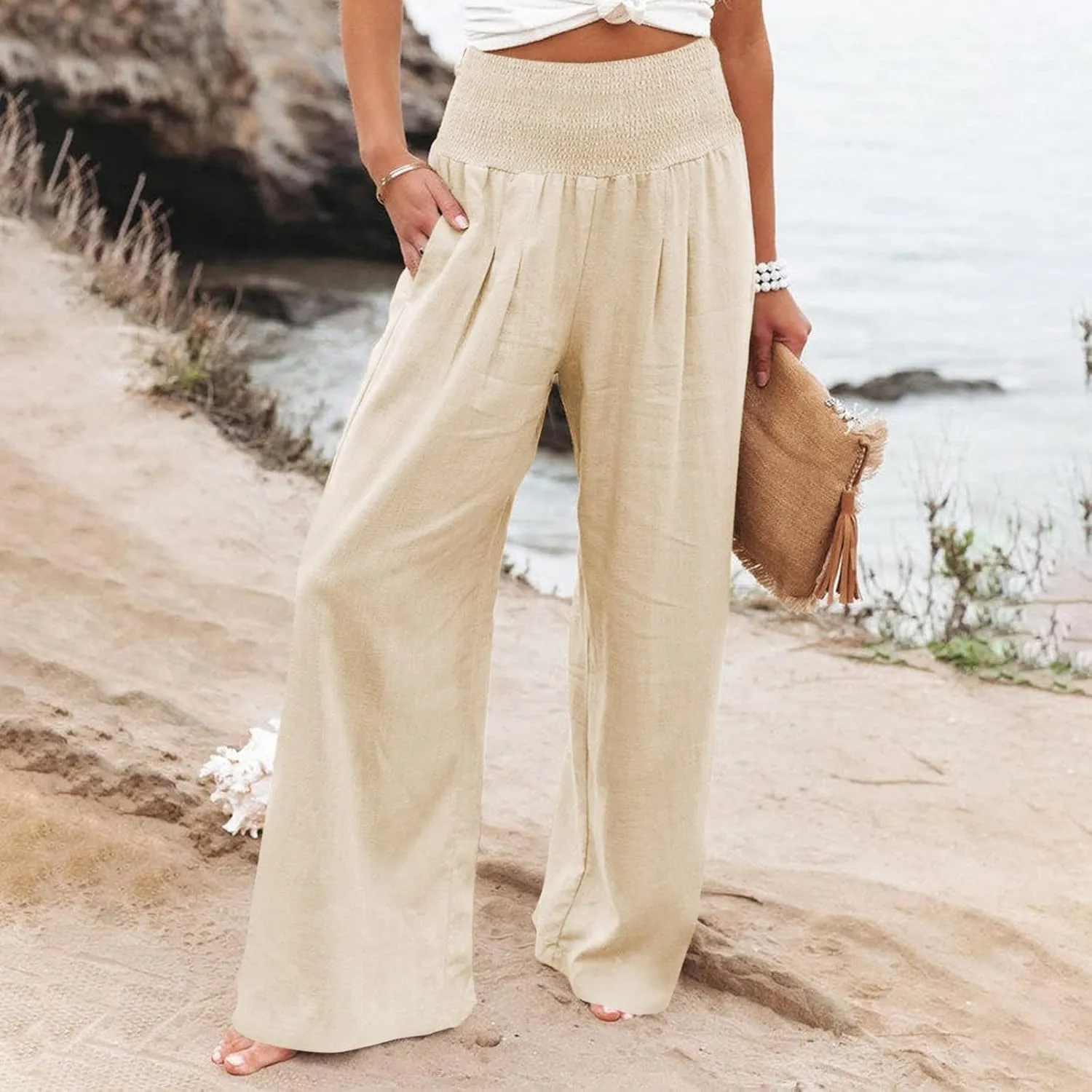 Linen Pants Women Lounge High Waist Wide Leg Elastic Drawstring Pants Women with Pockets Comfy Work Trousers