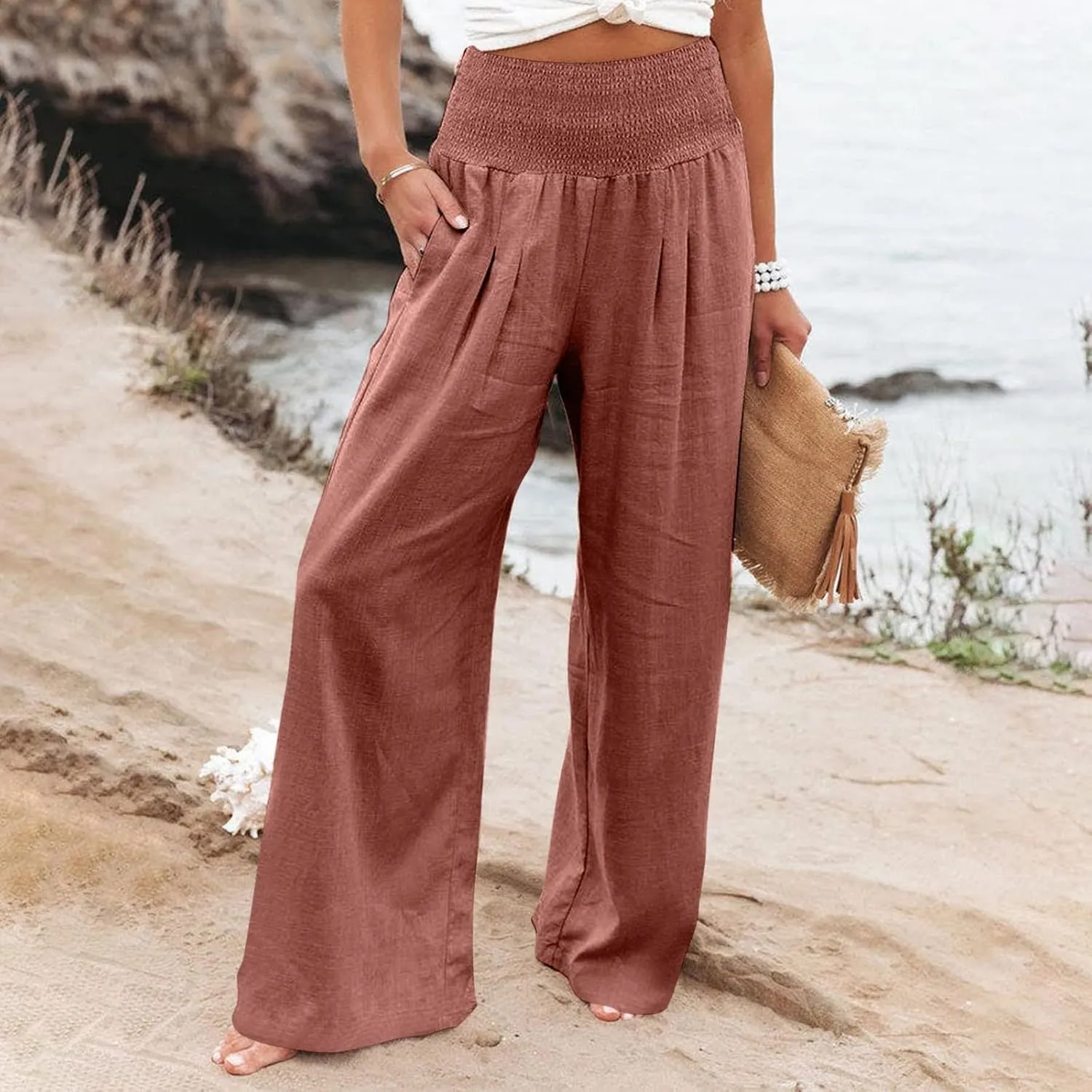 Linen Pants Women Lounge High Waist Wide Leg Elastic Drawstring Pants Women with Pockets Comfy Work Trousers