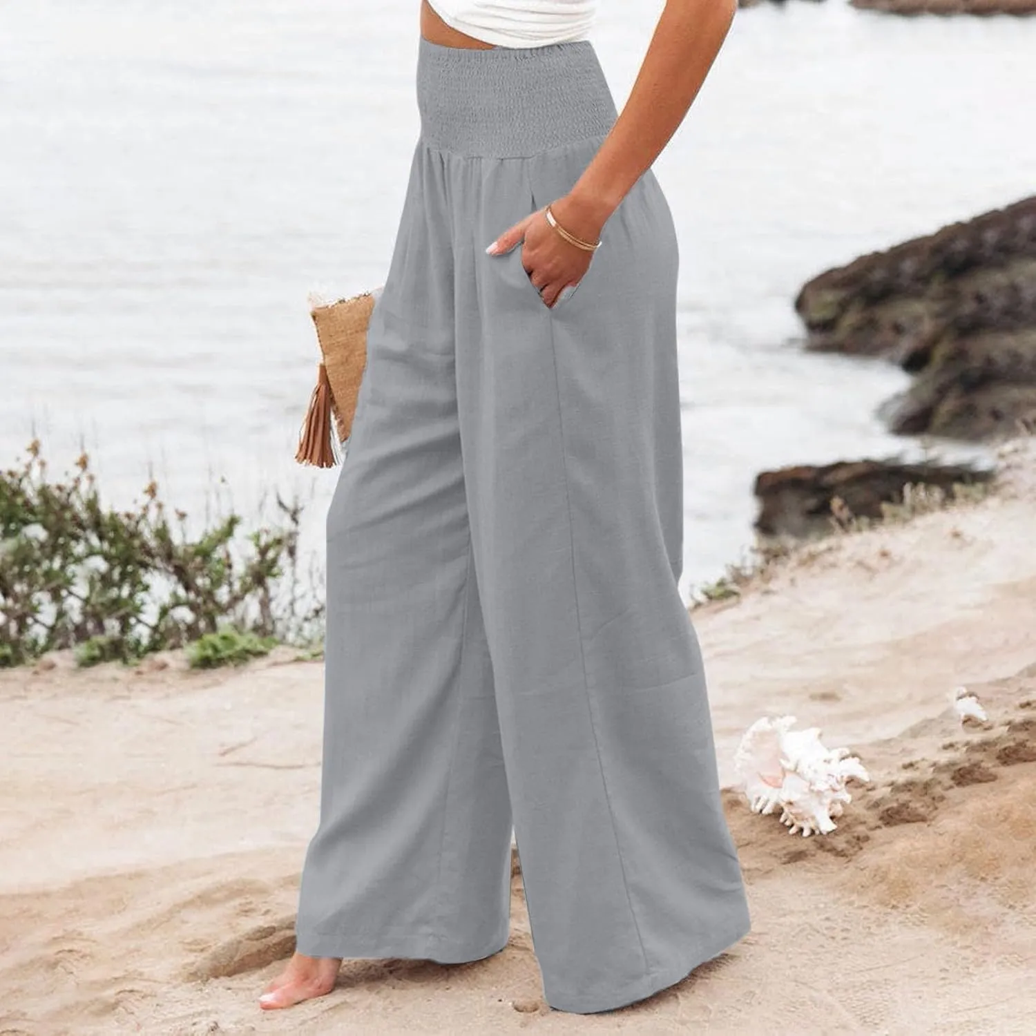 Linen Pants Women Lounge High Waist Wide Leg Elastic Drawstring Pants Women with Pockets Comfy Work Trousers