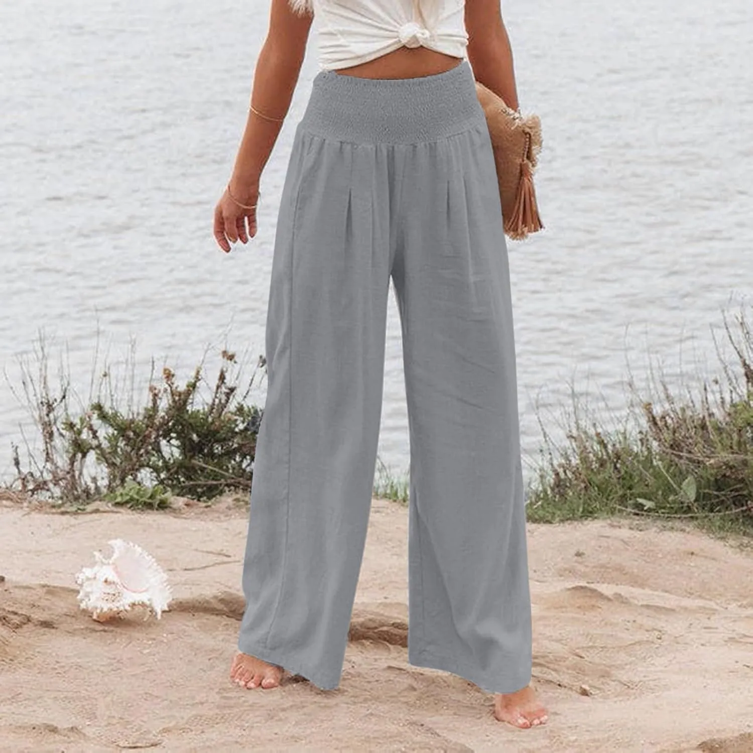 Linen Pants Women Lounge High Waist Wide Leg Elastic Drawstring Pants Women with Pockets Comfy Work Trousers