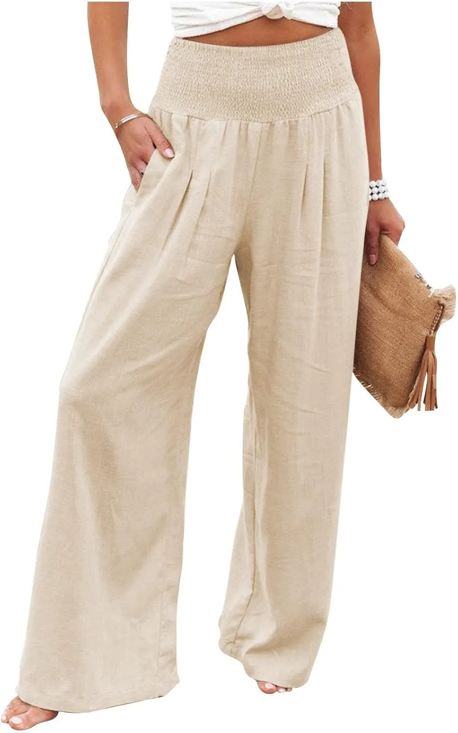 Linen Pants Women Lounge High Waist Wide Leg Elastic Drawstring Pants Women with Pockets Comfy Work Trousers
