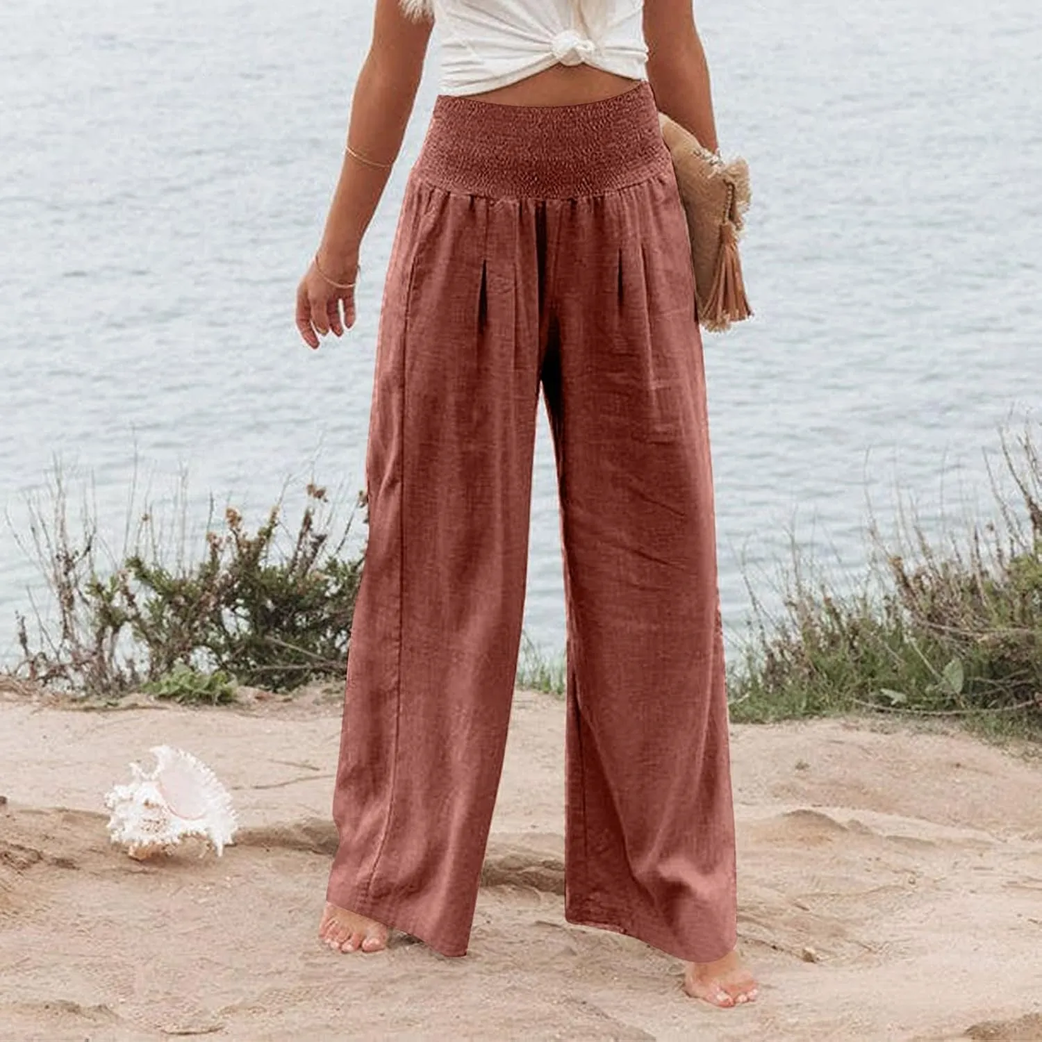 Linen Pants Women Lounge High Waist Wide Leg Elastic Drawstring Pants Women with Pockets Comfy Work Trousers