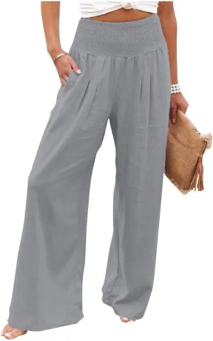 Linen Pants Women Lounge High Waist Wide Leg Elastic Drawstring Pants Women with Pockets Comfy Work Trousers