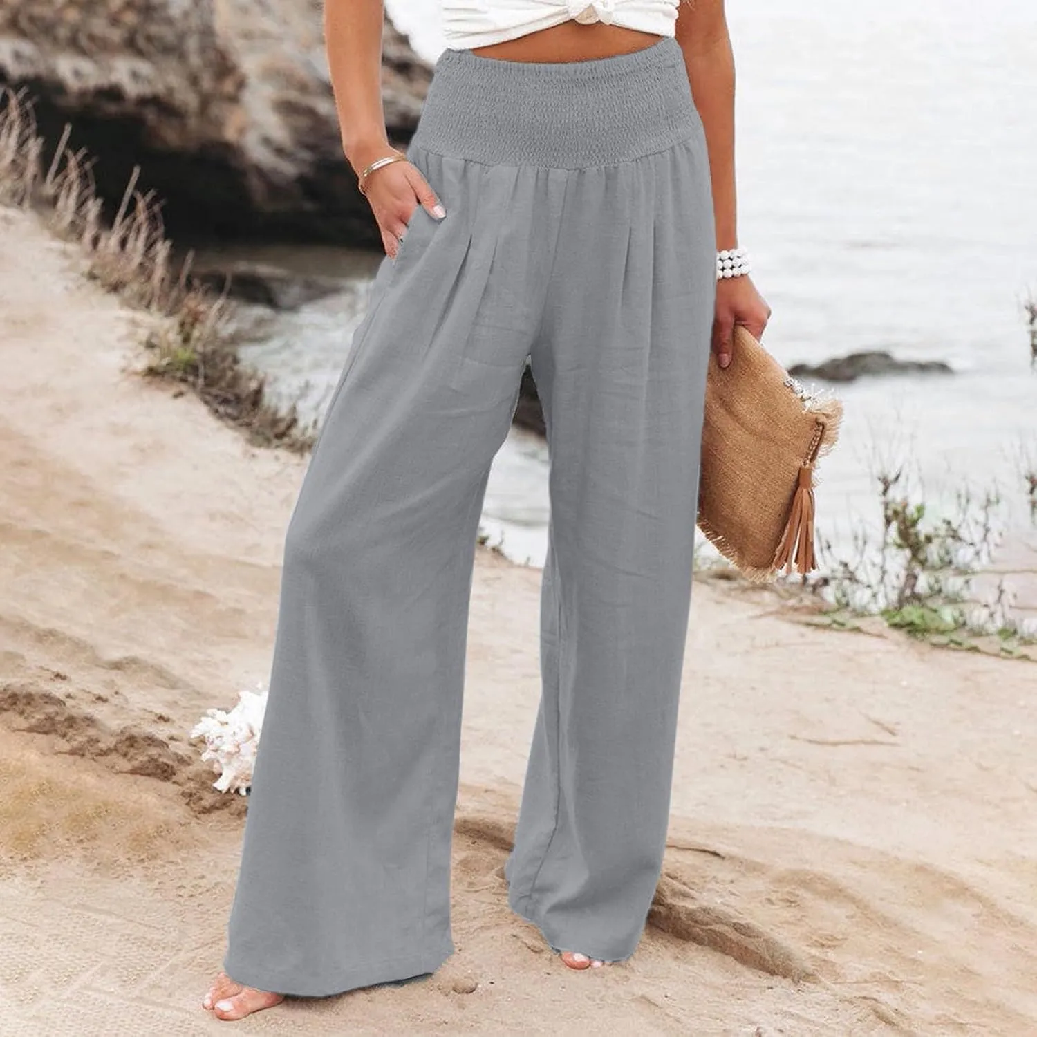 Linen Pants Women Lounge High Waist Wide Leg Elastic Drawstring Pants Women with Pockets Comfy Work Trousers